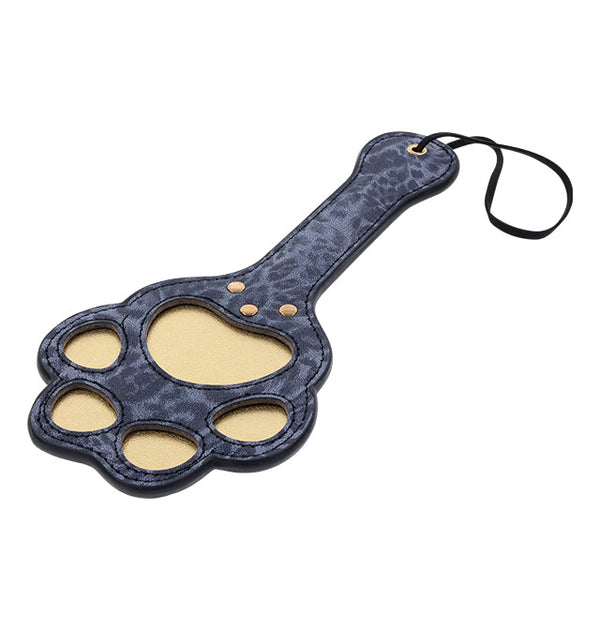 Cougar Paw Paddle made of blue leopard printed faux leather with paw cutouts, perfect for playful adult activities.