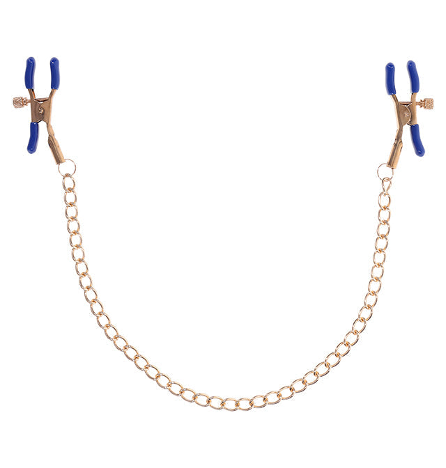 Cougar Chained Nipple Clamps featuring gold chain and blue plastic tips, perfect adult toys for pleasure and intimacy.