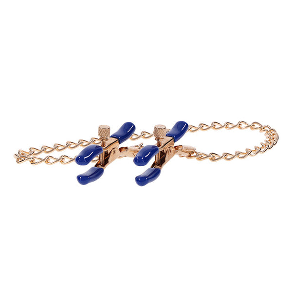Cougar Chained Nipple Clamps with blue plastic tips and gold chain, perfect for couples sex toys and intimate wellness.