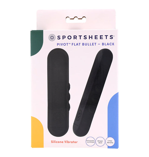 Pivot Flat Bullet – Black, silicone vibrator in packaging.