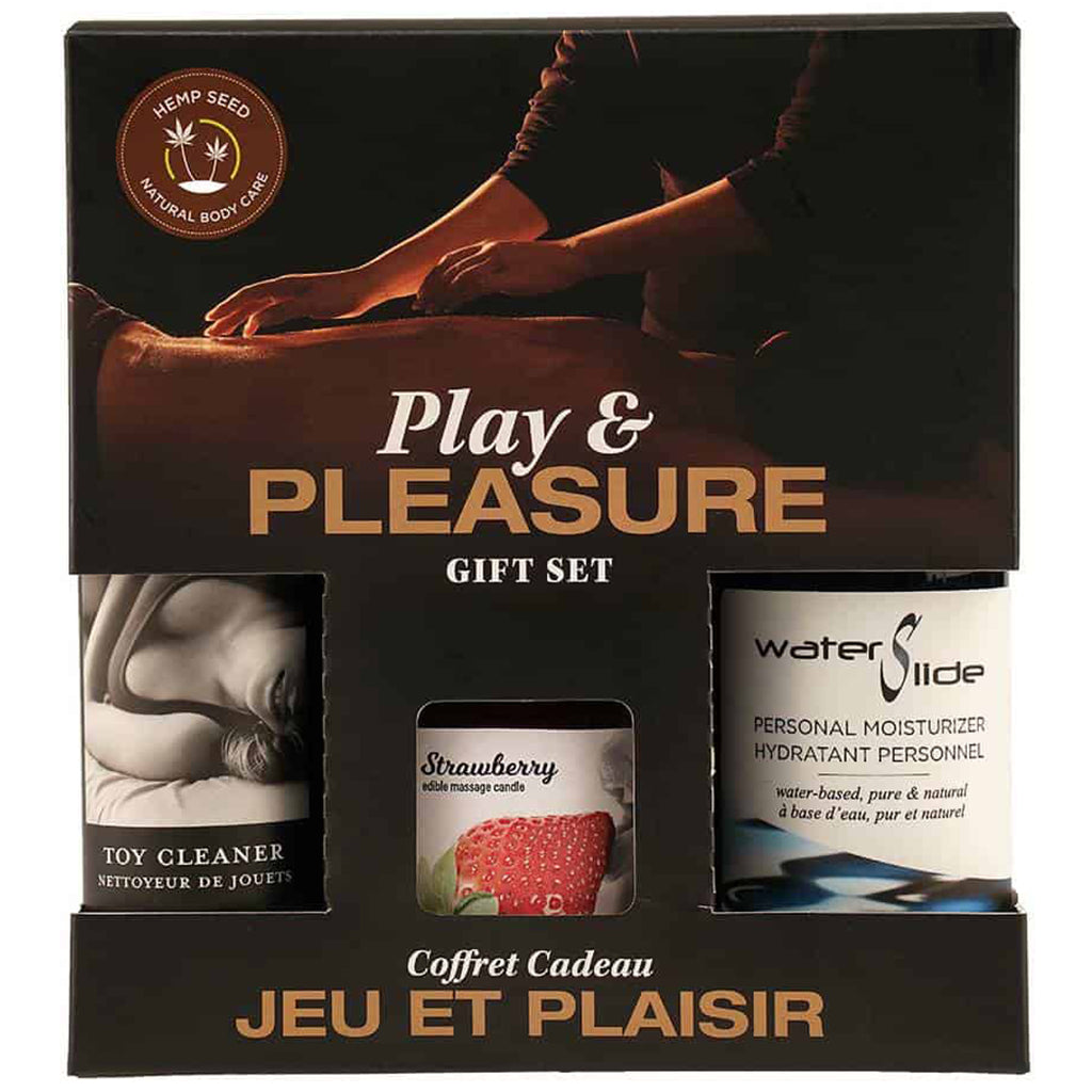 Play & Pleasure Set: Strawberry gift set featuring toy cleaner, edible massage candle, and moisturizer for enhanced intimate wellness.