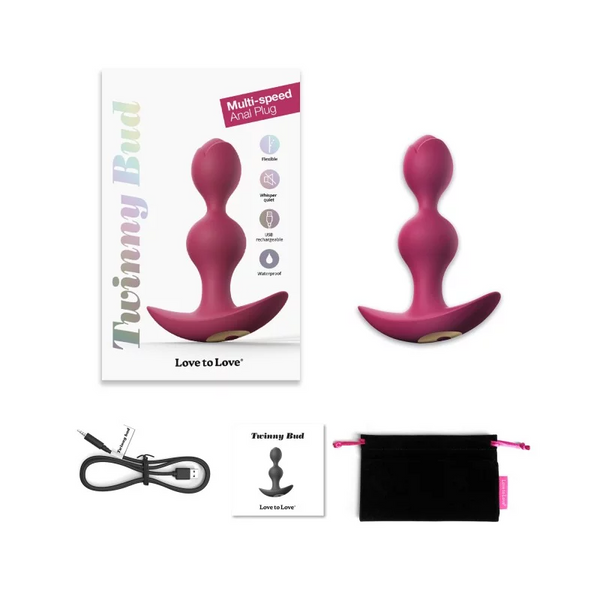 TWINNY BUD - PLUM STAR anal plug with packaging, USB charger, and storage pouch for ultimate pleasure.