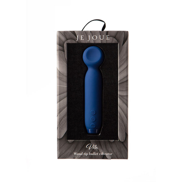 Vita Bullet Cobalt Blue wand tip vibrator in packaging.