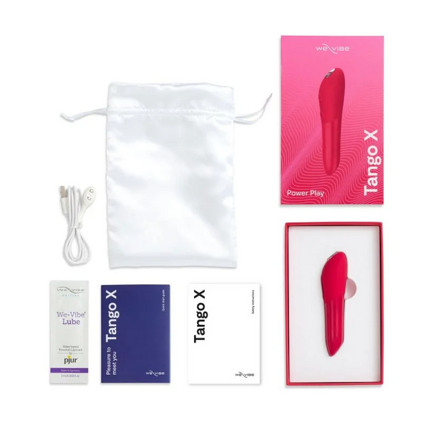 Tango X - Cherry Red vibrator with packaging and accessories