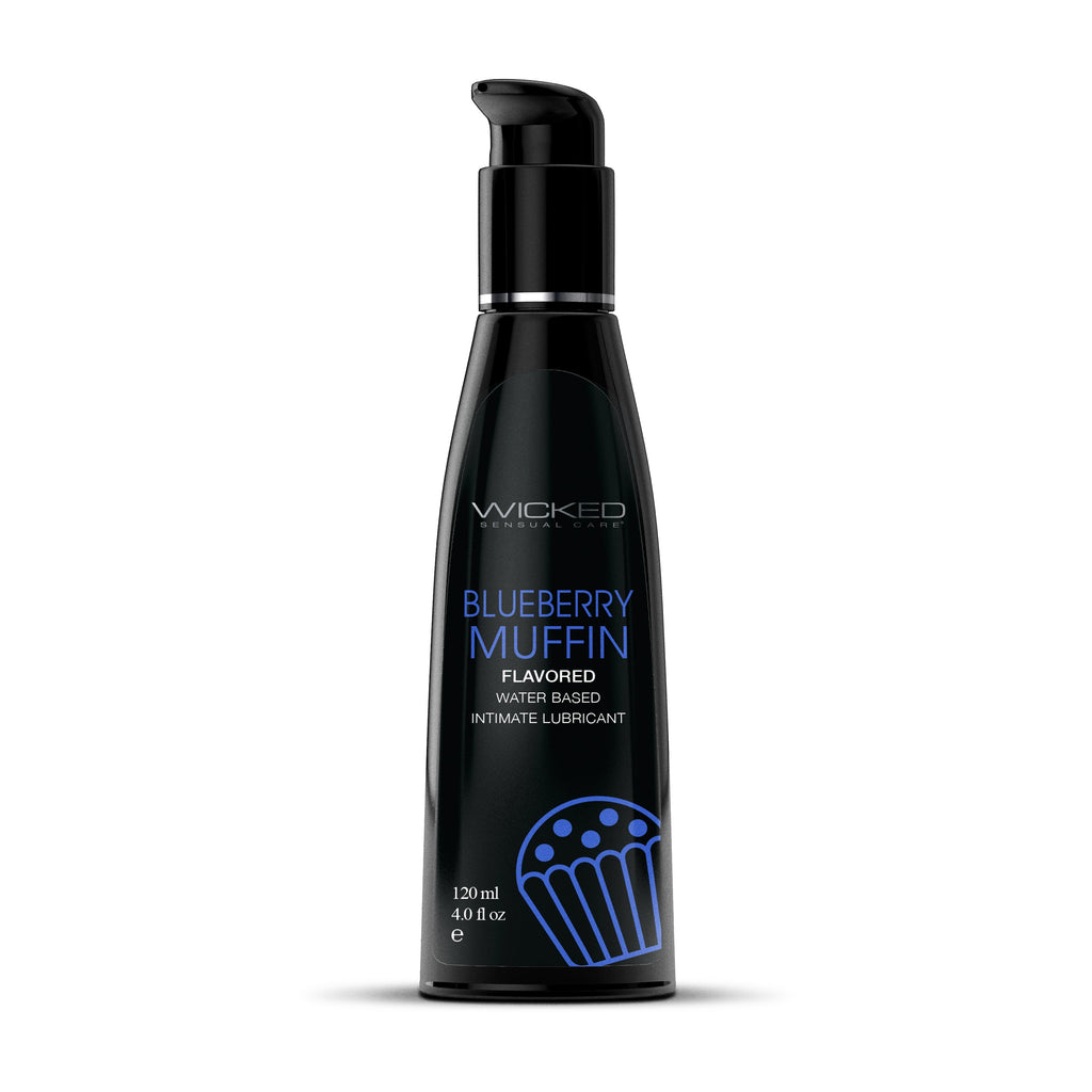 Wicked Aqua Blueberry Muffin flavored water-based lubricant bottle for enhanced pleasure with adult toys.