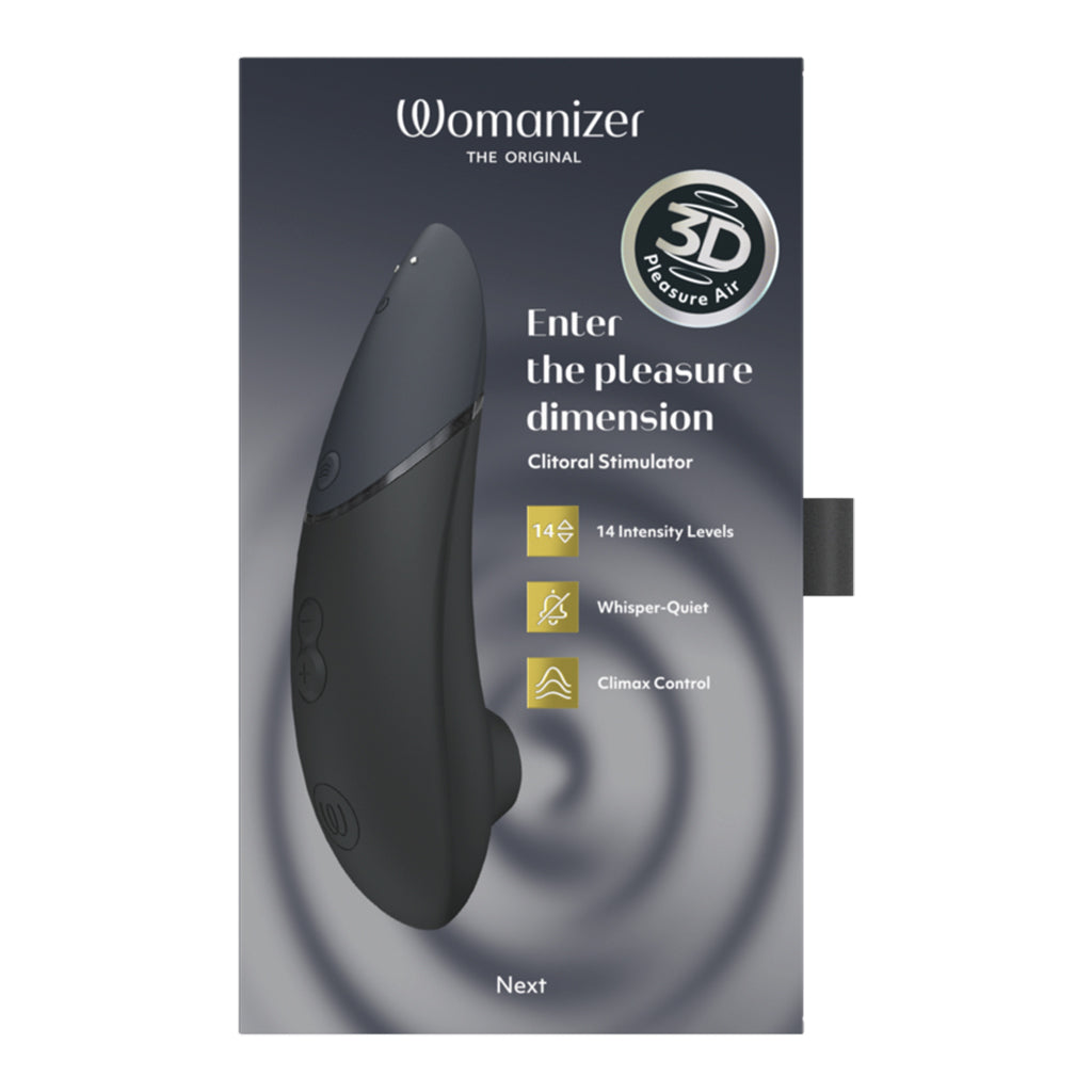 Next - Black premium clitoral stimulator from Womanizer showcasing 3D Pleasure Air Technology and multiple intensity levels.
