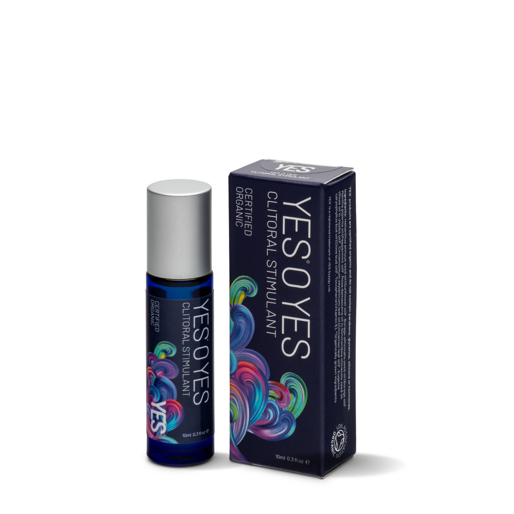 O YES - Organic Clitoral Stimulant Oil in a blue bottle with box for enhancing pleasure and arousal.